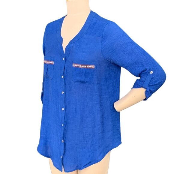 I.N. Studio Button Front Top Roll Tab Sleeve Sz M Blue #106B - Picture 4 of 8